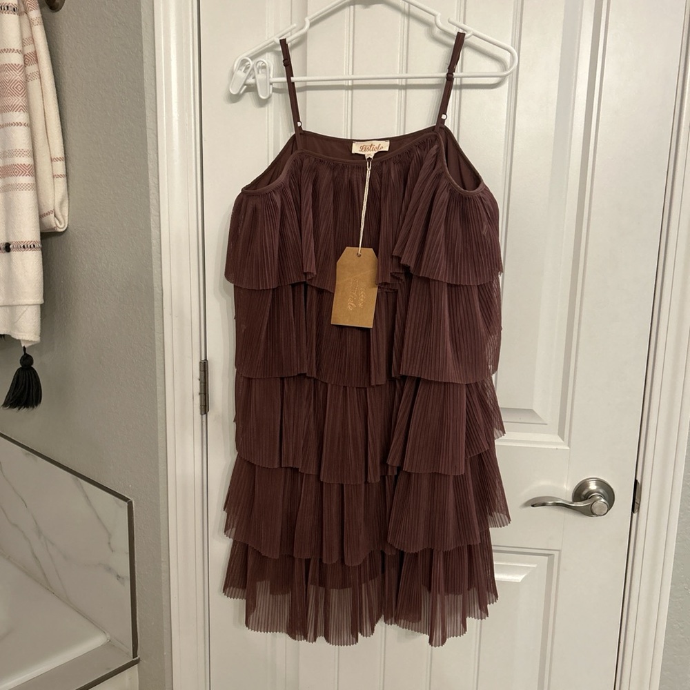 Tiered Pleated Spaghetti Strap Dress - mauve
